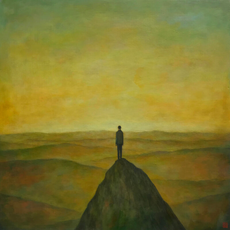 Duy Huynh painting - Stayed Up All Night Wondering Where the Sun Went, then it Dawned On Me - a man stand on top of a mountain looking out at at a golden sky