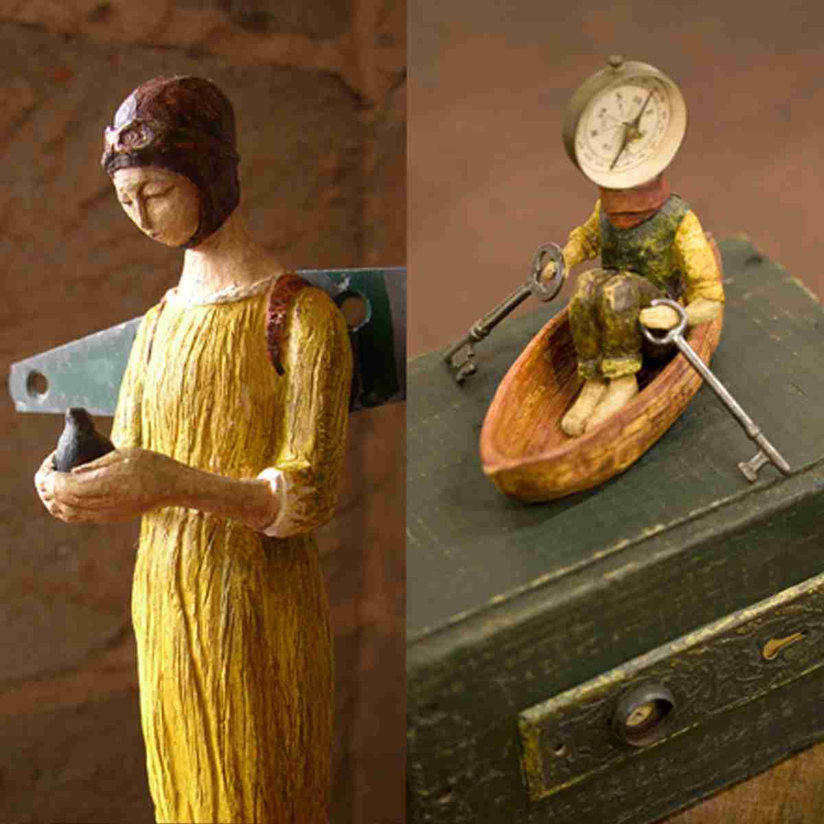 Duy Huynh "Dreamtime Navigator" sculptures. Hand carved and painted ceramics with mixed media.