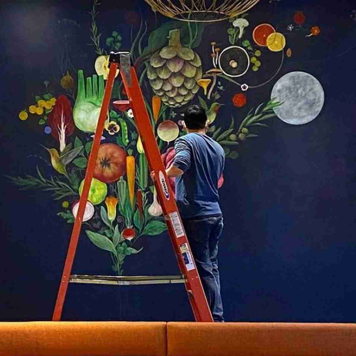 Duy Huynh restaurant mural, painting in progress.